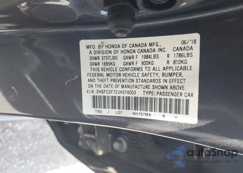 2018 Honda Civic Ex z USA, uszkodzony, nr VIN 2HGFC2F72JH574003